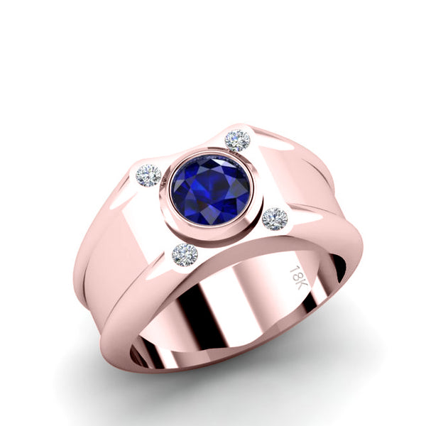 Sapphire Men's Pinky Ring with 4 Natural Diamonds in 18K Rose Gold Male Modern Wedding Band