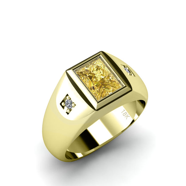 Men's Solid 18K Yellow Gold Ring 2.40ct Citrine with Accent Diamonds Personalized Male Band