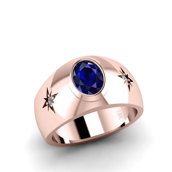 2.40ct Sapphire Solitaire Ring with Diamonds Men's Cobalt Blue Gemstone Band 18k Rose Gold