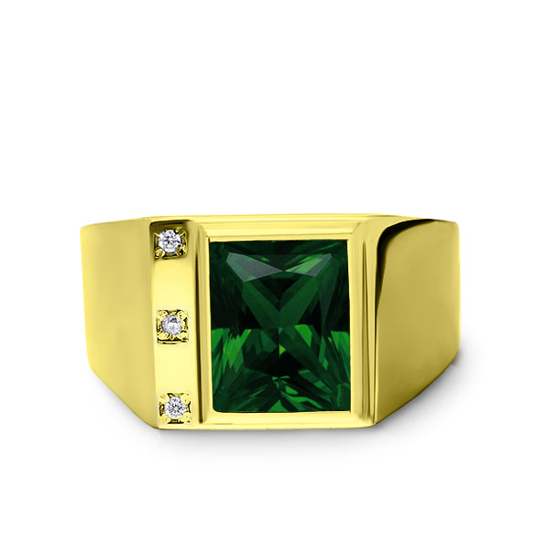 3 Diamond Accents 18K Gold Plated on 925 Solid Silver Mens Green Emerald Ring