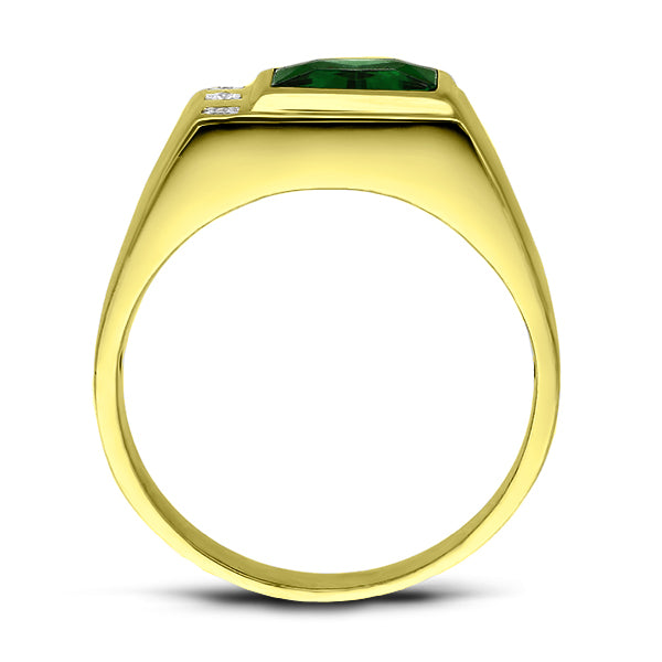 3 Diamond Accents 18K Gold Plated on 925 Solid Silver Mens Green Emerald Ring