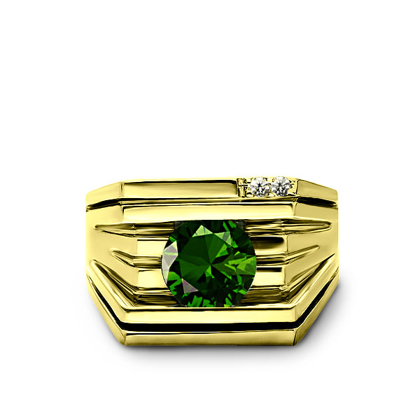 925 Real Solid Silver 18K Gold Plated Emerald 2 Diamond Accent Ring For Men