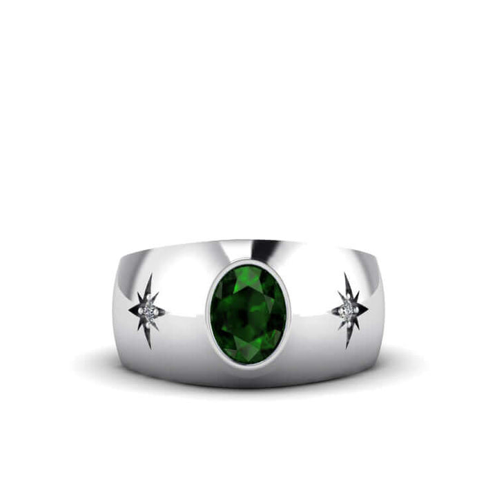 Oval Gemstone Men's Ring 925 Silver Wide Engagement Band emerald