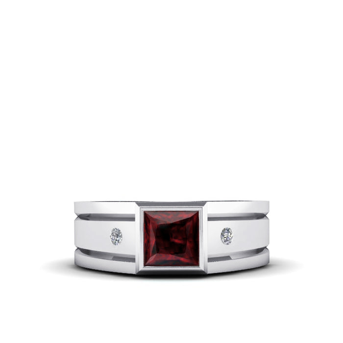 Solid 925 Silver Men's Diamond Ring with Faceted Gemstone ruby