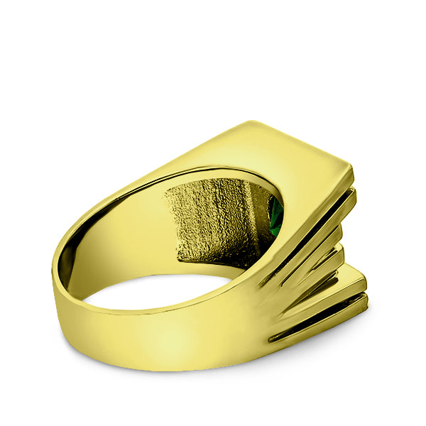 925 Real Solid Silver 18K Gold Plated Emerald 2 Diamond Accent Ring For Men