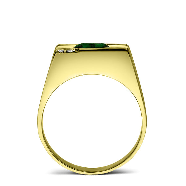 Solid 18K YELLOW GOLD Mens Ring with Emerald and 2 Real DIAMOND Accents