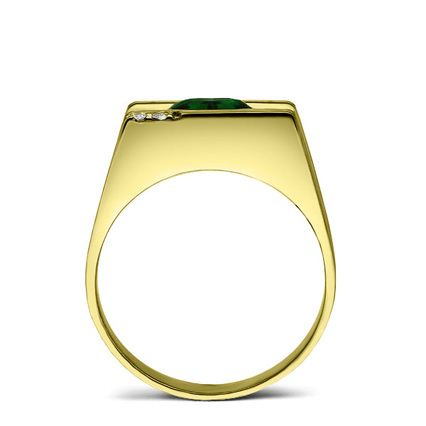 925 Real Solid Silver 18K Gold Plated Emerald 2 Diamond Accent Ring For Men