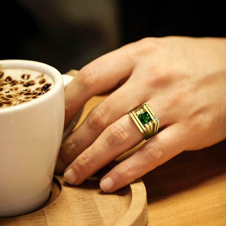 Solid 18K YELLOW GOLD Mens Ring with Emerald and 2 Real DIAMOND Accents