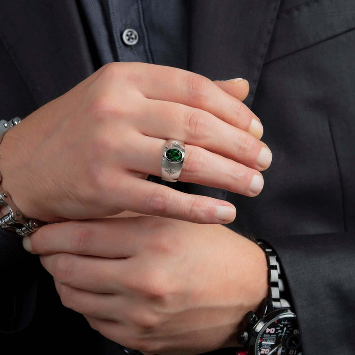 Oval Gemstone Men's Ring 925 Silver Wide Engagement Band emerald