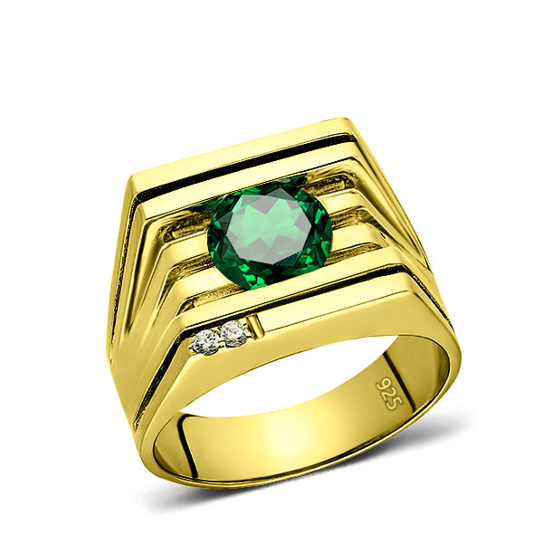 925 Real Solid Silver 18K Gold Plated Emerald 2 Diamond Accent Ring For Men