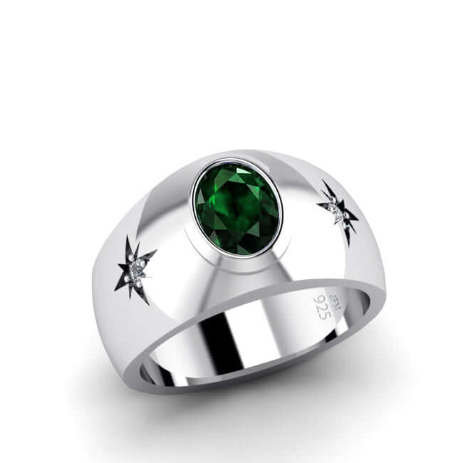 Oval Gemstone Men's Ring 925 Silver Wide Engagement Band emerald