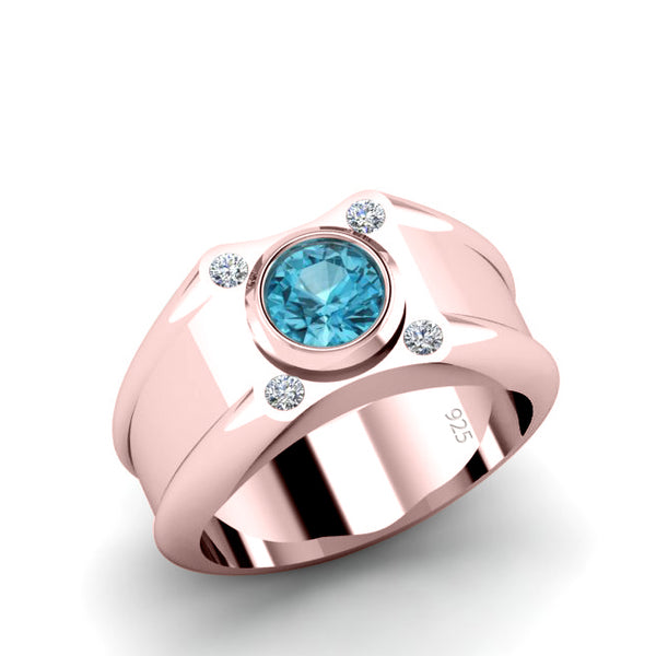 Men's Ring with Stone Rose Gold Plated Solid 925 Silver with 4 Real Diamonds Male Pinky Ring