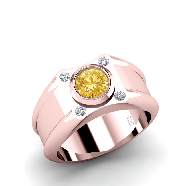 Gemstone Men's Ring GP Sterling Silver with Round Yellow Citrine and 4 Diamonds Male Jewelry Gift
