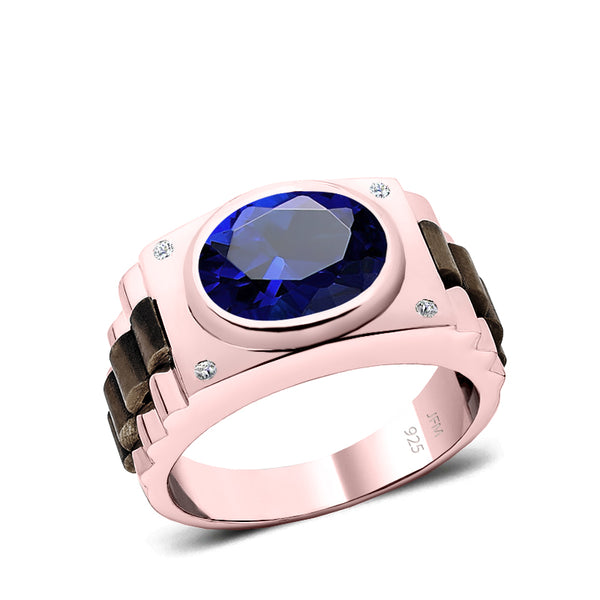 925 Silver Signet Ring with Blue Stone Rose Gold Plated Men's Engagement Band with Natural Diamonds