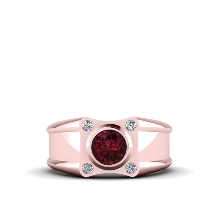 Men's Pinky Ring with Ruby and 4 Natural Diamonds Rose Gold Plated Sterling Silver Male Gift