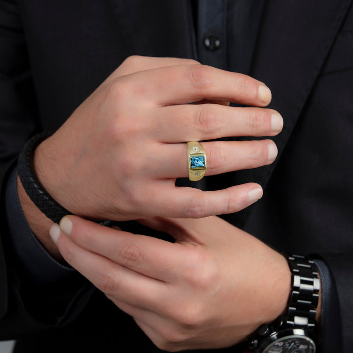 Aquamarine Ring for Men with Natural Diamonds in Gold-Plated Solid Silver Male Pinky Ring