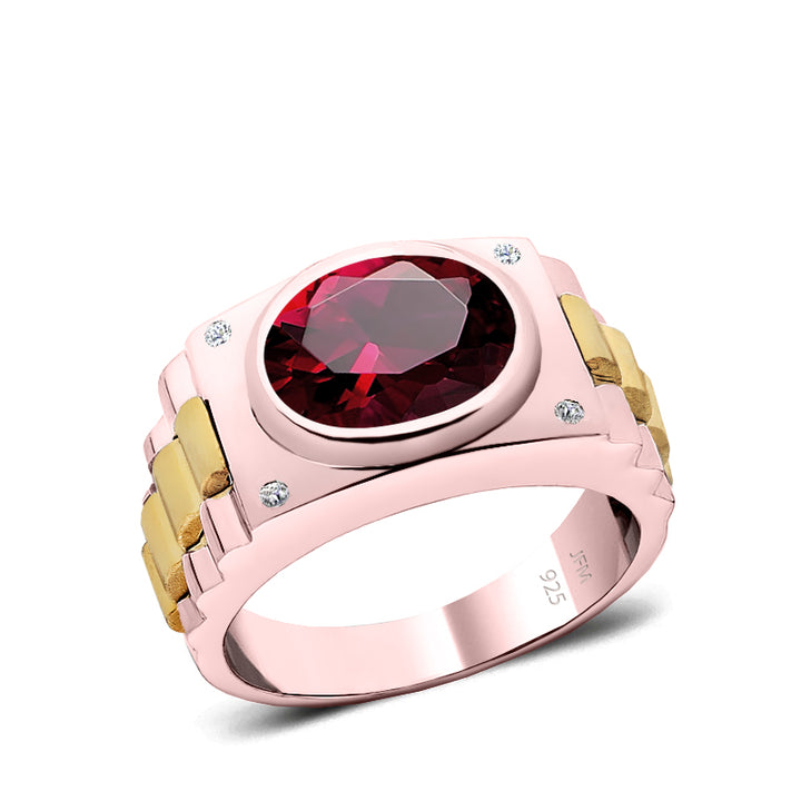 Solid Men's Ring Natural Diamonds and 4.50ct Oval Ruby Gold Plated Engagement Male Band