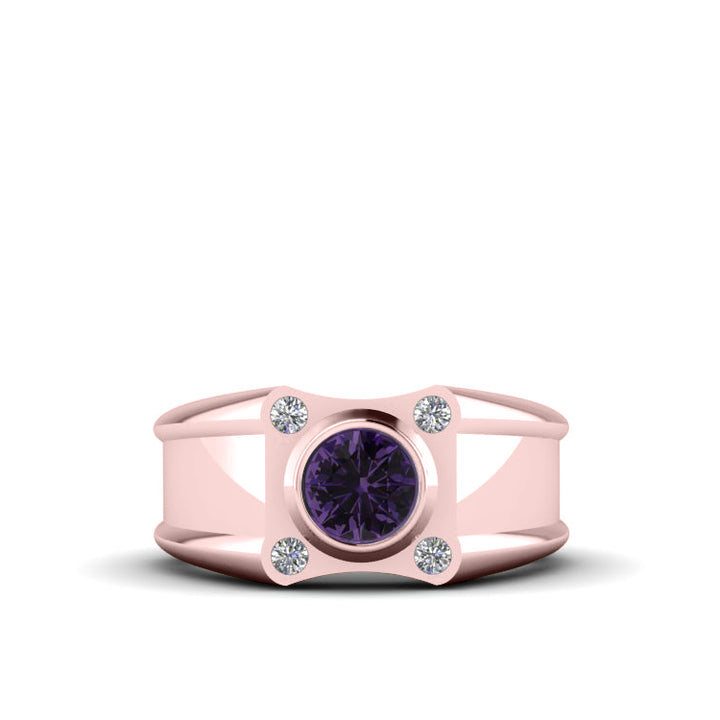 Wide Band Ring with Diamond GP Sterling Silver with 1.70ct Round Amethyst February Birthstone Gift