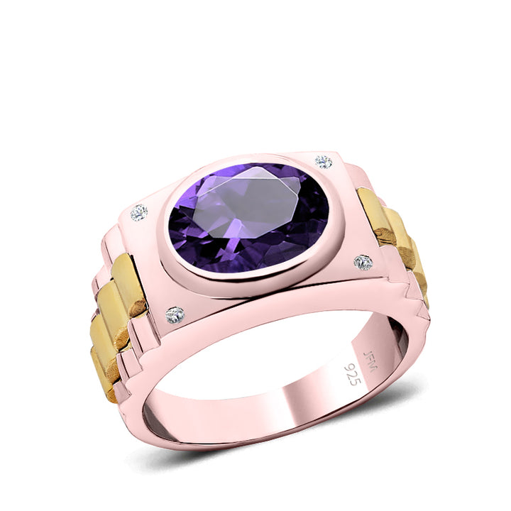 Amethyst and Diamond Ring Rose Gold Plated Solid 925 Silver Band Male Wedding Jewelry