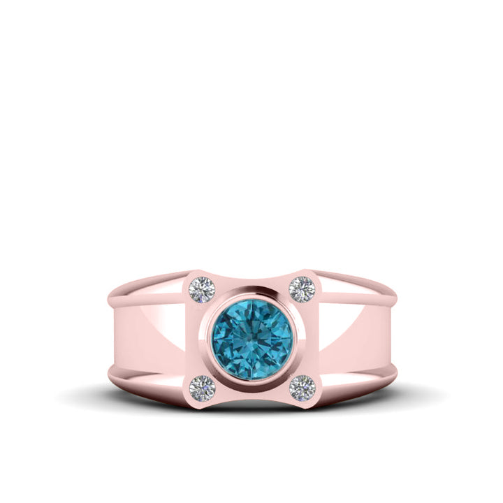 Men's Ring with Stone Rose Gold Plated Solid 925 Silver with 4 Real Diamonds Male Pinky Ring