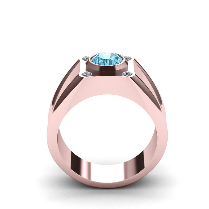 Men's Ring with Stone Rose Gold Plated Solid 925 Silver with 4 Real Diamonds Male Pinky Ring