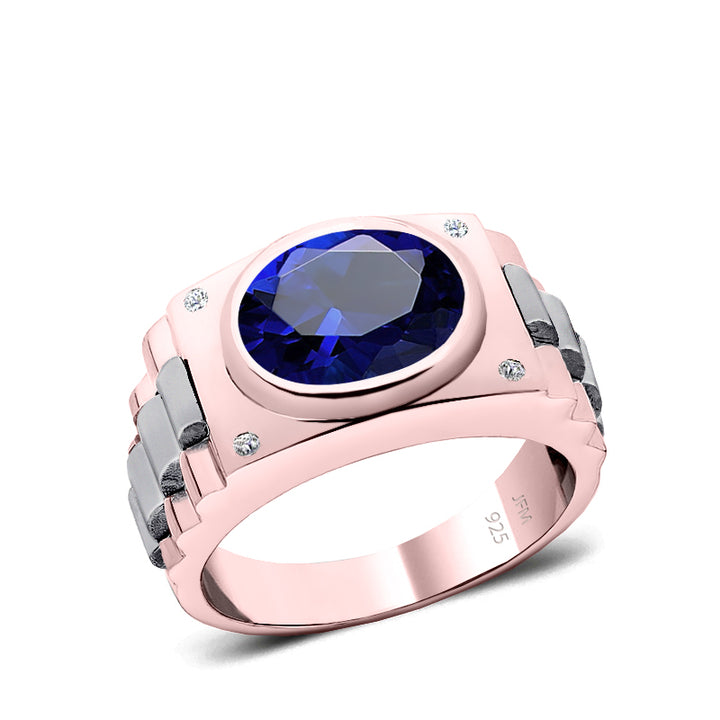 925 Silver Signet Ring with Blue Stone Rose Gold Plated Men's Engagement Band with Natural Diamonds