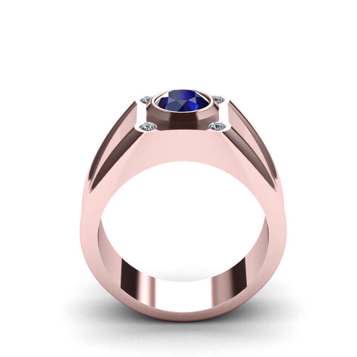 Wide Band Bezel Set Ring with 1.70ct Round Sapphire and 4 Diamonds Gold Plated Silver Wedding Band