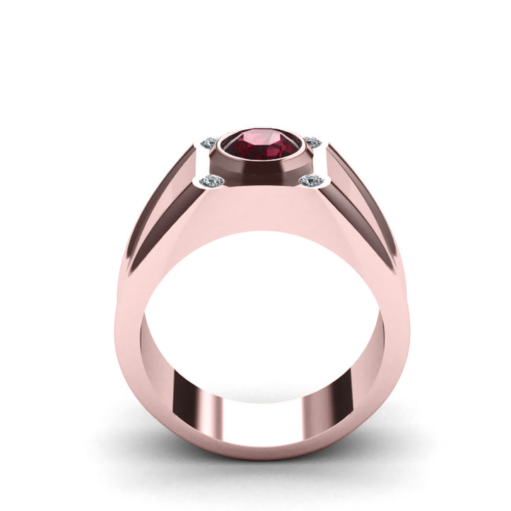 Men's Pinky Ring with Ruby and 4 Natural Diamonds Rose Gold Plated Sterling Silver Male Gift