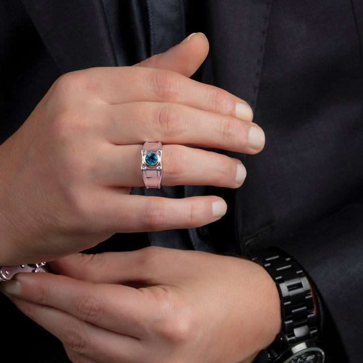 Men's Ring with Stone Rose Gold Plated Solid 925 Silver with 4 Real Diamonds Male Pinky Ring