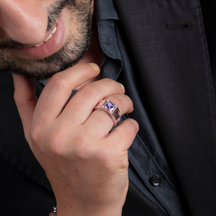 Wide Band Ring with Diamond GP Sterling Silver and 1.70ct Round Amethyst February Birthstone Gift