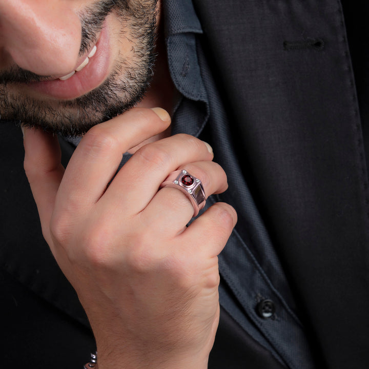 Men's Pinky Ring with Ruby and 4 Natural Diamonds Rose Gold Plated Sterling Silver Male Gift