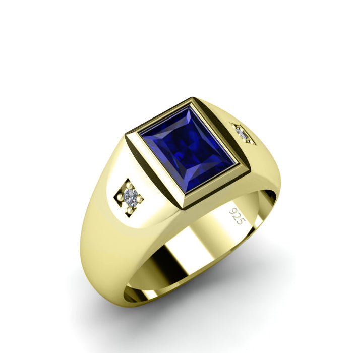 Men's Sapphire Ring with 0.06ct Genuine Diamonds in Gold-Plated Solid Silver Wedding Jewelry