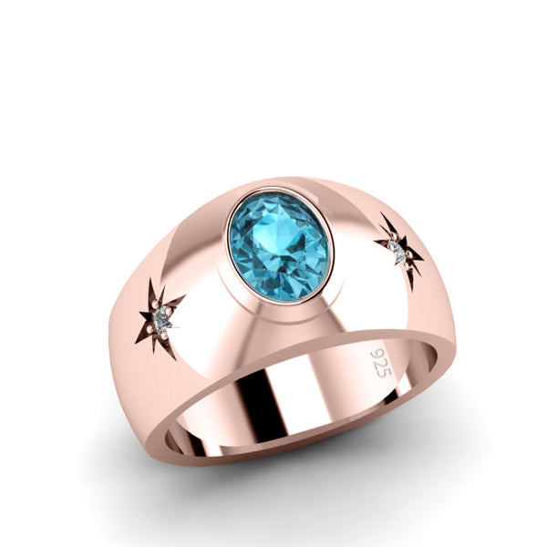 Gents Single Stone Aquamarine Ring Rose Gold-Plated Silver with Diamonds Custom Engraved