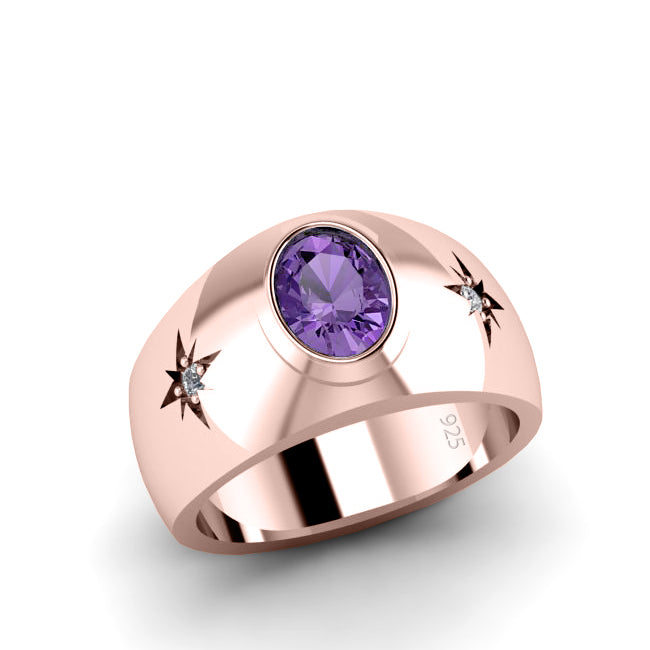 3-Stone Accented Men's Ring Amethyst in Rose Gold-Plated Silver with Diamonds Hallmarked Band