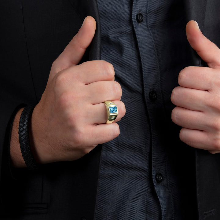 Aquamarine Ring for Men with Natural Diamonds in Gold-Plated Solid Silver Male Pinky Ring