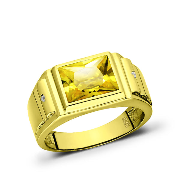 Solitaire Citrine Yellow Stone 18kt Gold Plated Mens Ring With 2 Diamond Accents
