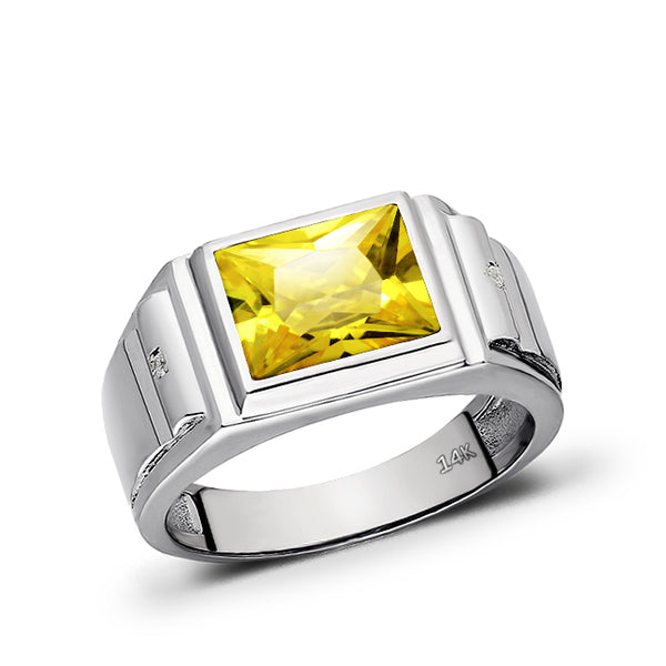 14K Stamp White Gold Shiny Square Cut Citrine Comfort Fit Mens Band Flat Ring