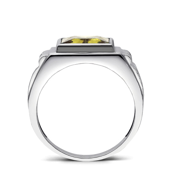 14K Stamp White Gold Shiny Square Cut Citrine Comfort Fit Mens Band Flat Ring