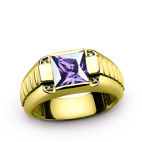 Men's 14K Yellow Gold Ring with Natural Diamonds and Purple Amethyst Gemstone
