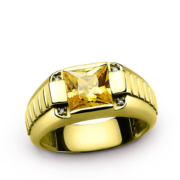 Men's 14K Yellow Gold Ring with Natural Diamonds and Yellow Citrine Gemstone