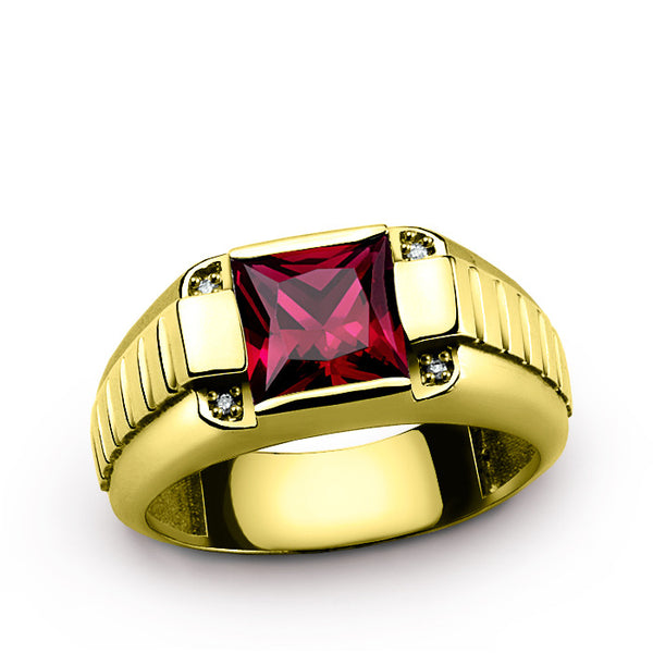 Men's Ring Natural Diamonds and Red Ruby Gemstone in 10K Yellow Gold, Statement Ring for Men