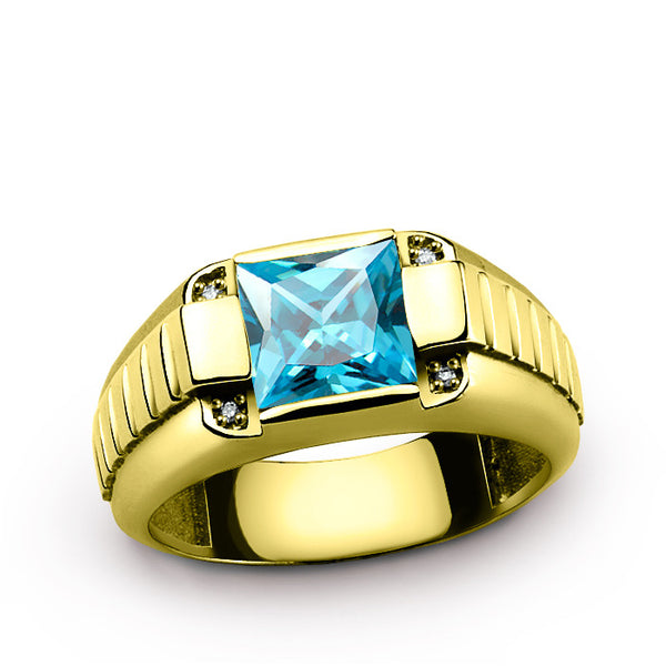 10K Yellow Gold Men's Ring with Genuine Diamonds and Blue Topaz Gemstone Ring