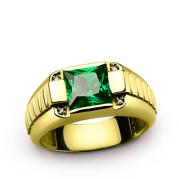 Dimaond Men's Ring 14K Yellow Gold with Green Emerald Gemstone, Genuine Diamonds Ring for Men