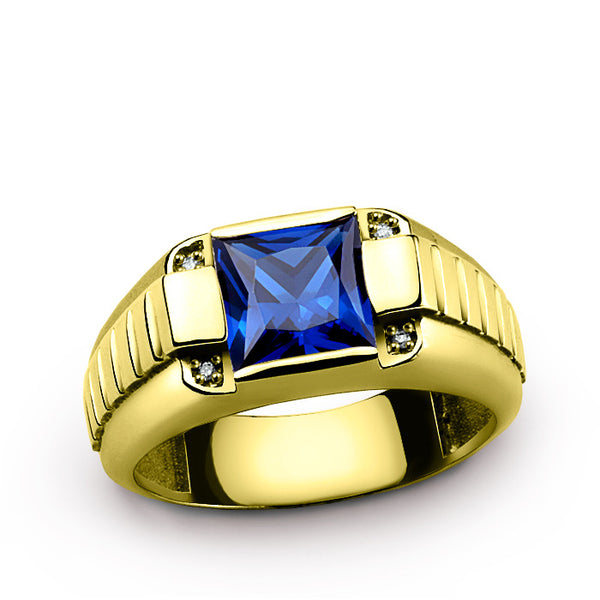 Men's Ring 10K Yellow Gold with Blue Sapphire and Natural Diamonds, Men's Gemstone RIng