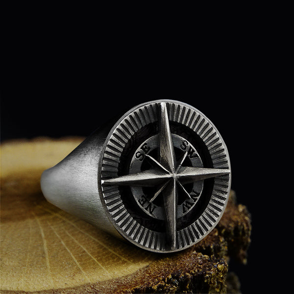 Compass Men's Signet Ring Handmade Solid 925 Oxidized Silver