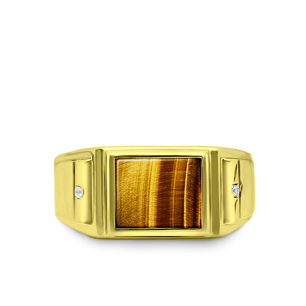Real Fine 14K Yellow Gold Natural Tiger's Eye Mens Ring and 2 Diamonds All Size