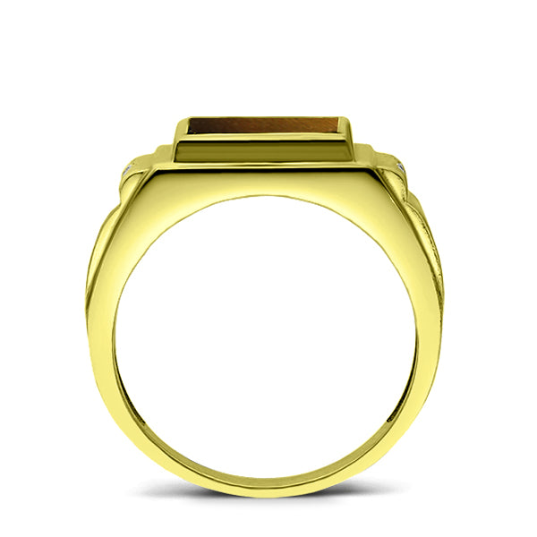 18k Yellow Gold Plated Men's 2 Diamond ,Tiger's Eye Ring