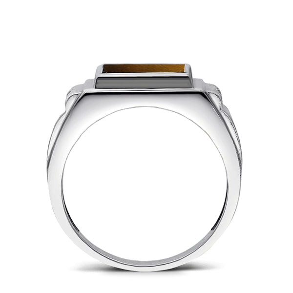 14K White Gold Tiger's Eye Mens Solid Ring 0.04ct Natural Diamonds Ring for Man