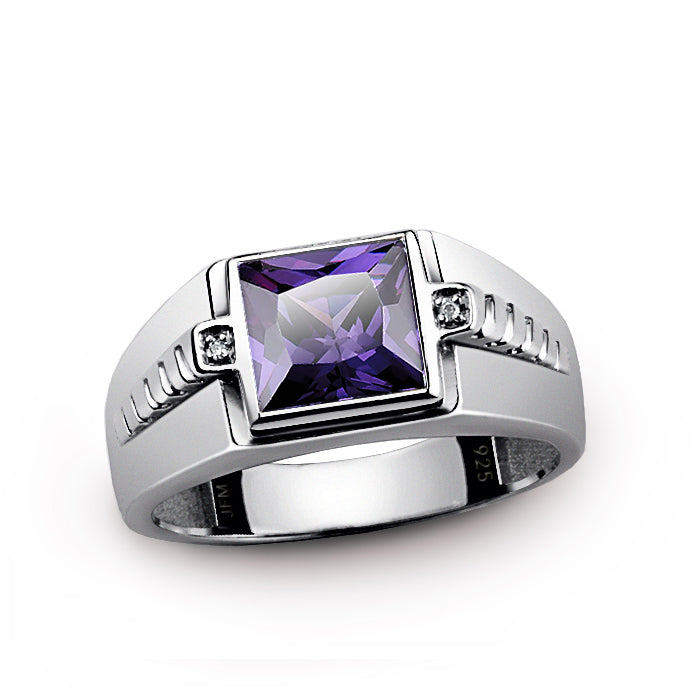 Men's Gemstone Ring with Diamond Accents in Sterling Silver