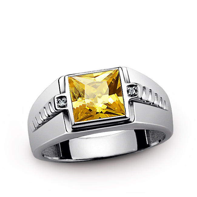 Men's Gemstone Ring with Diamond Accents in Sterling Silver citrine